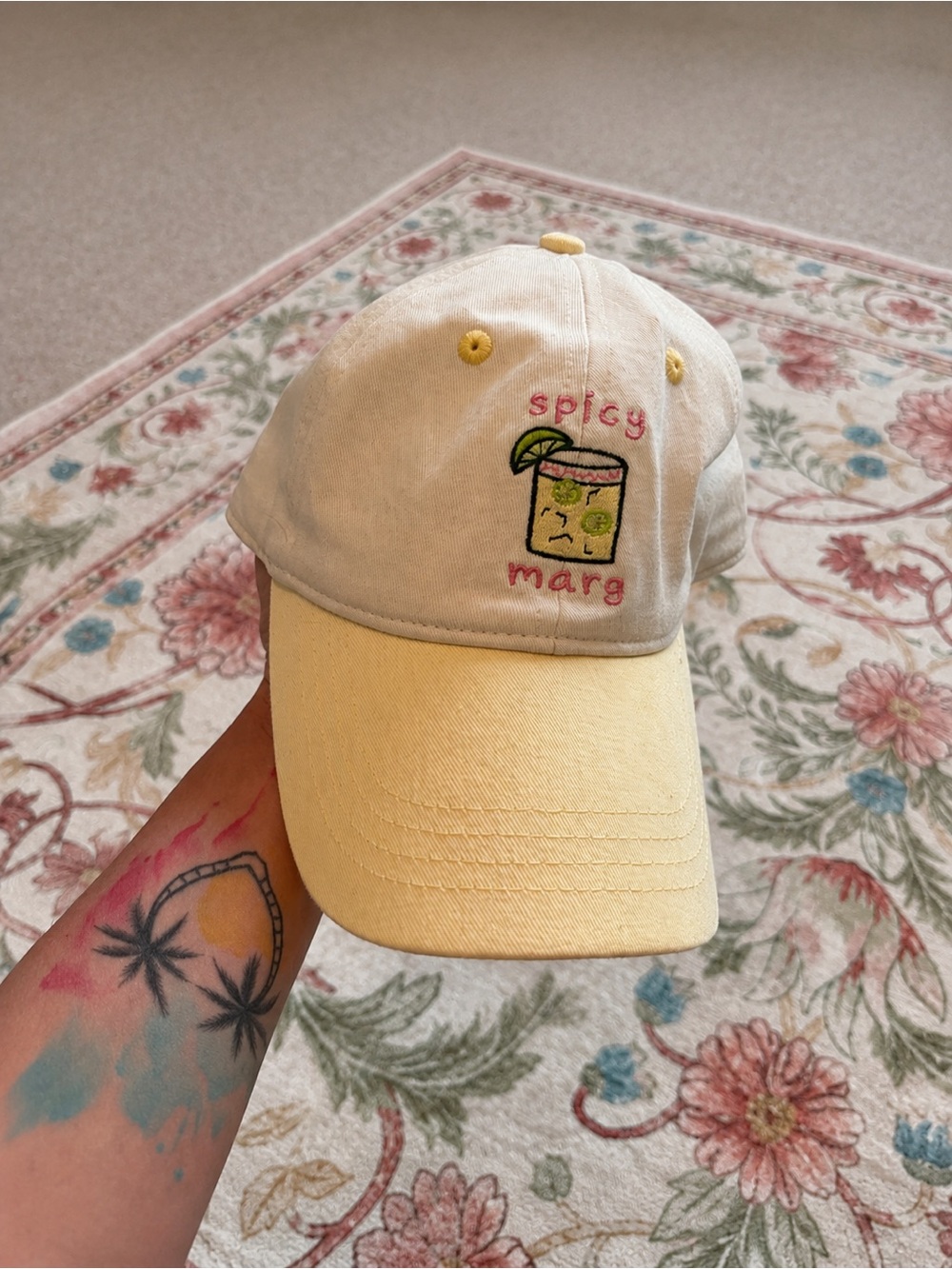 Cream & Pale Yellow Cotton Baseball Cap with Embroidered Detail